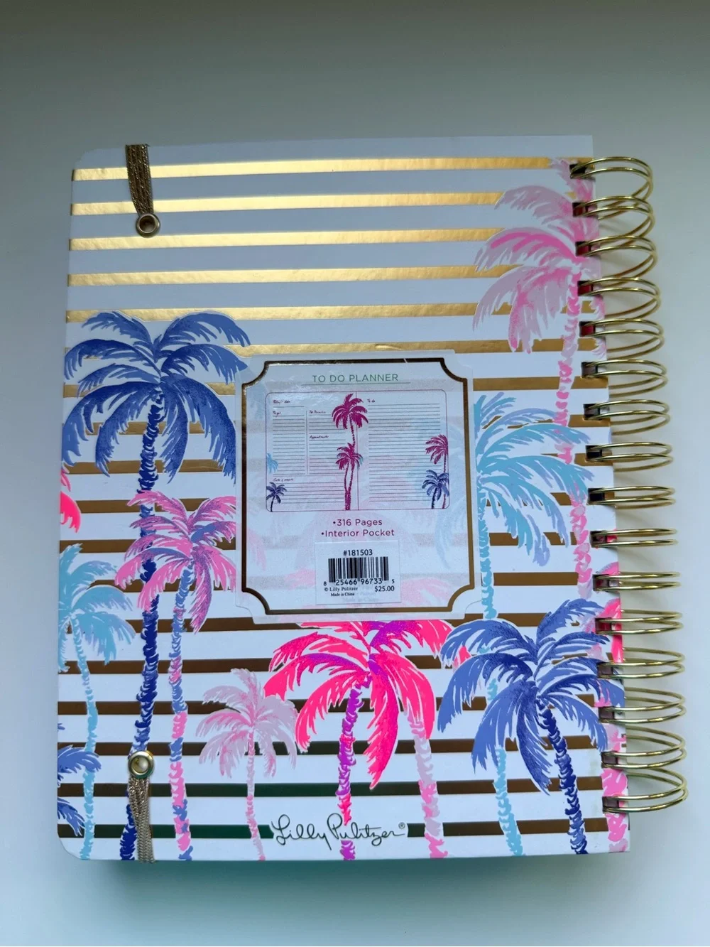 Lilly Pulitzer Pink & Blue Palm Gold-Striped To-Do Notebook New W/O Tags 316 Pgs
